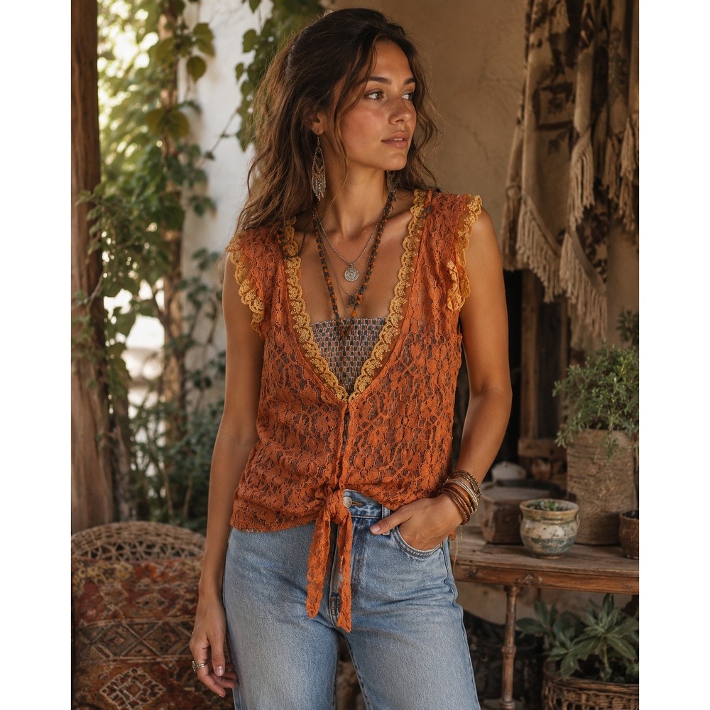 Yahada S Lace Top Boho Tie Front Braided Straps Smocked V-Neck Orange Red